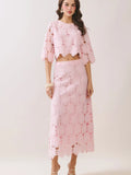Floral Lace Scalloped Lined Midi Skirt- Pink