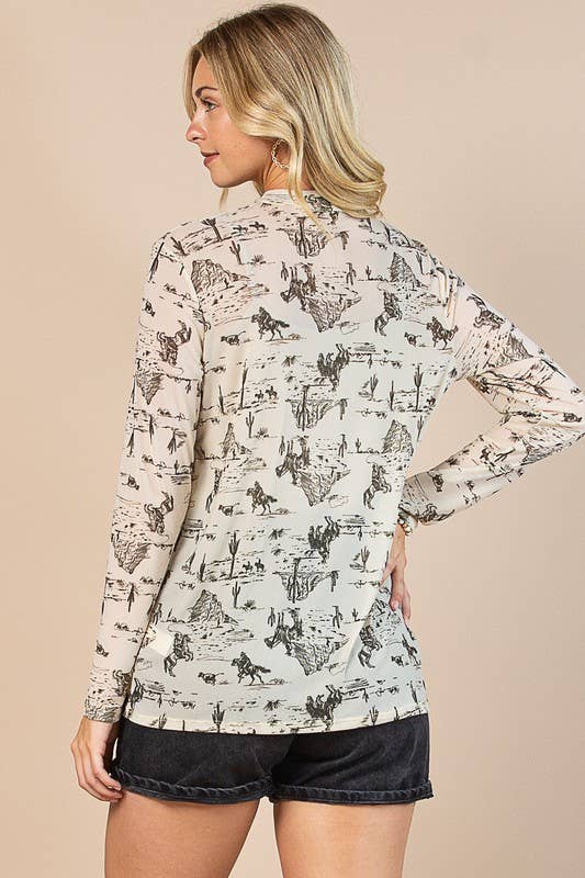 Wild West Print Semi Sheer Long Sleeve Mock Neck Mesh Top