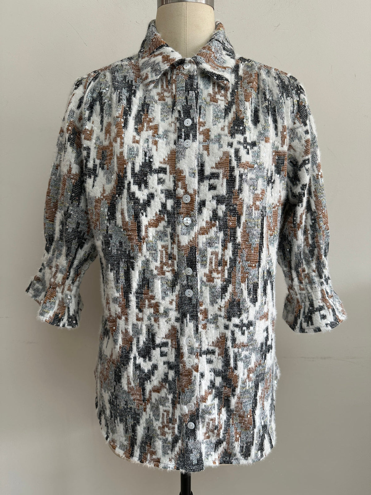 Jacquard Knit Blouse- White/Brown