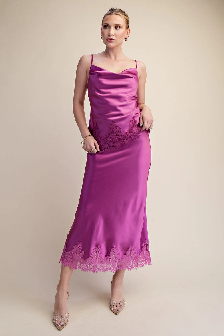 High Waist Midi Lace Satin Skirt