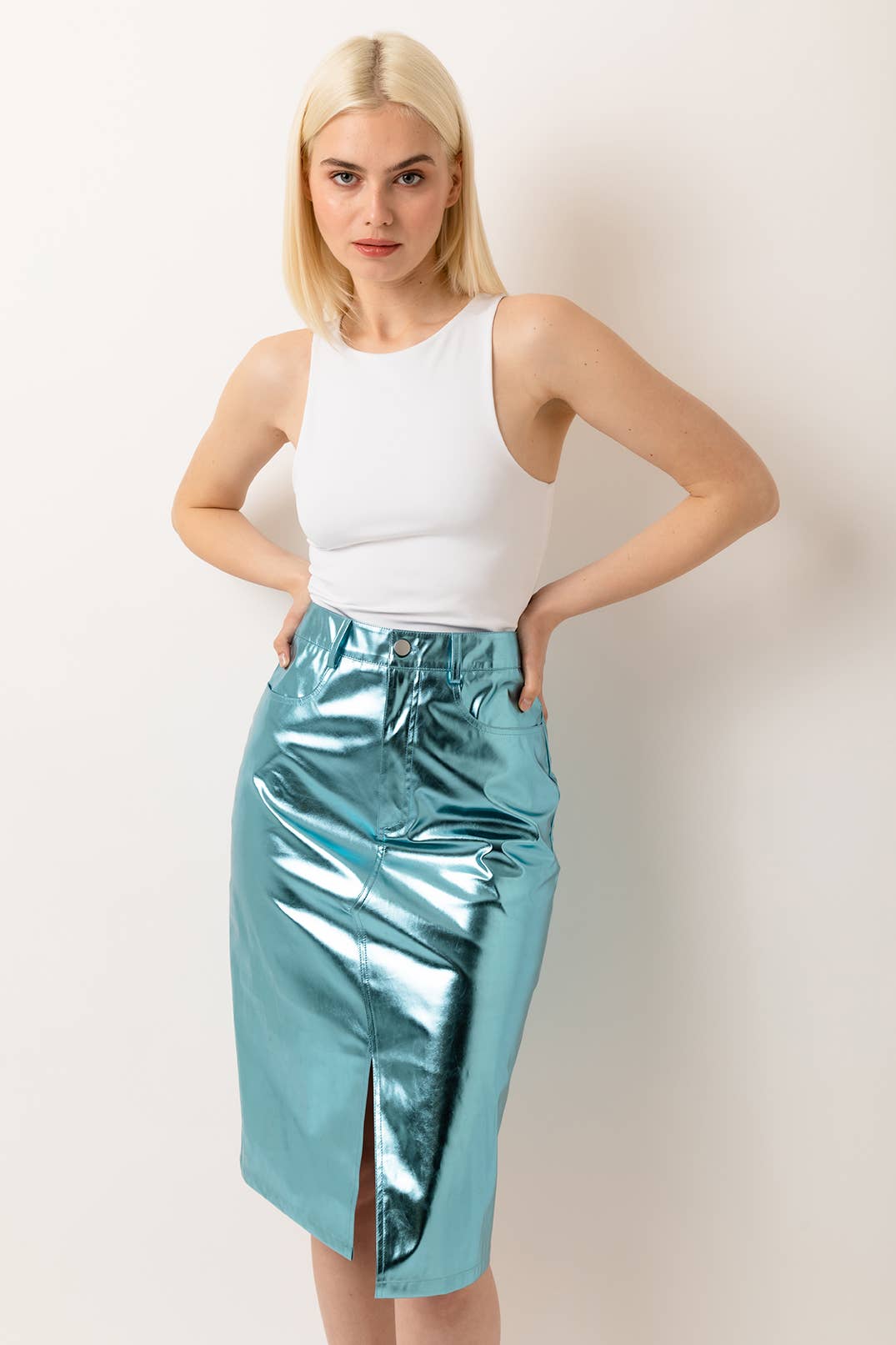 High Waist Metallic Knee Length Skirt