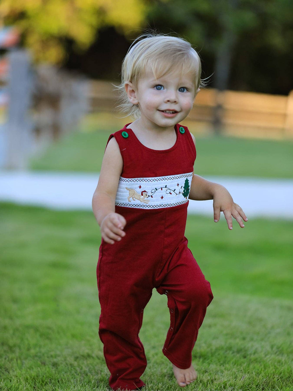 Christmas Tree Dog Embroidered Romper- Red