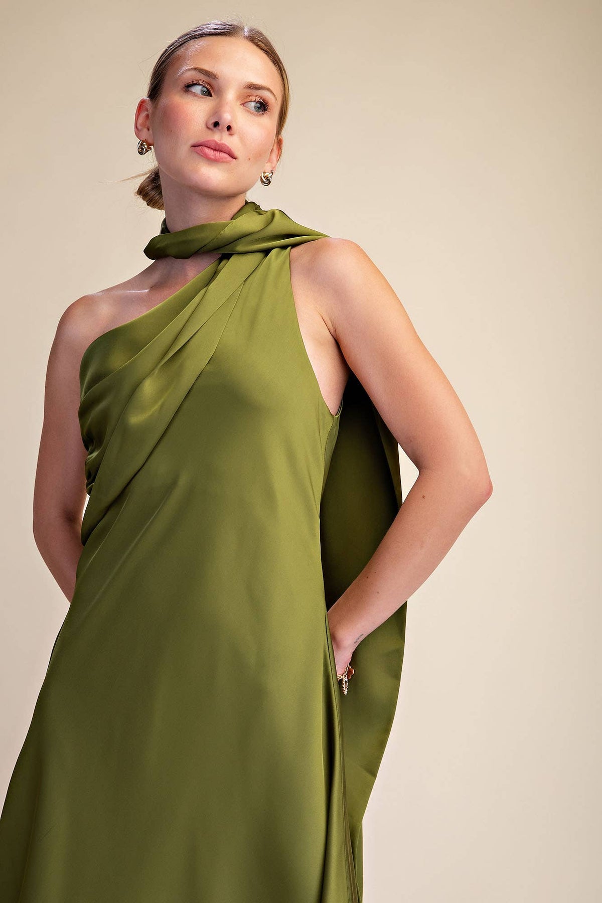 Mock Neck One Shoulder Sleeveless Satin Maxi Dress
