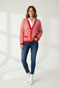 Rose Button Cardigan- Red & White
