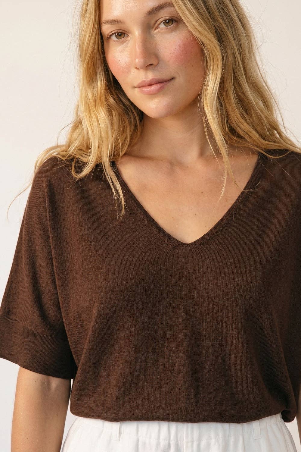 V-Neck Knit Top- Brown