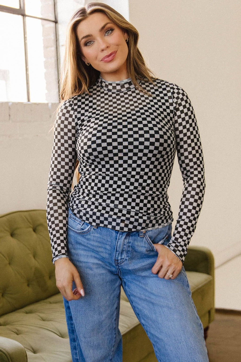 Plaid Long Sleeve Mesh Top- Black/White