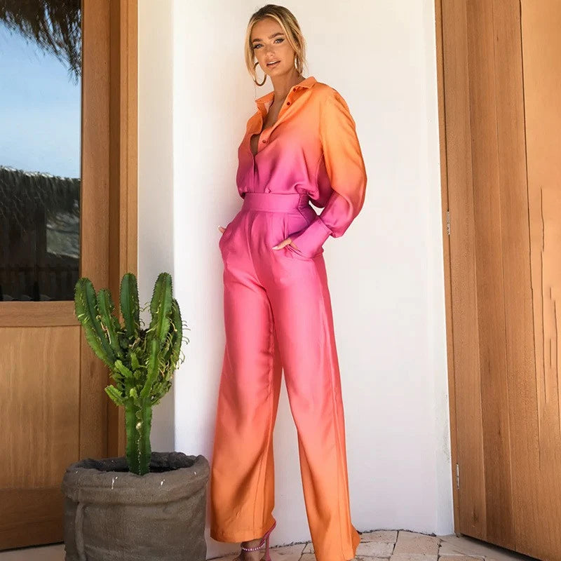 Two Piece Wide Leg Ombre Set- Orange/Pink