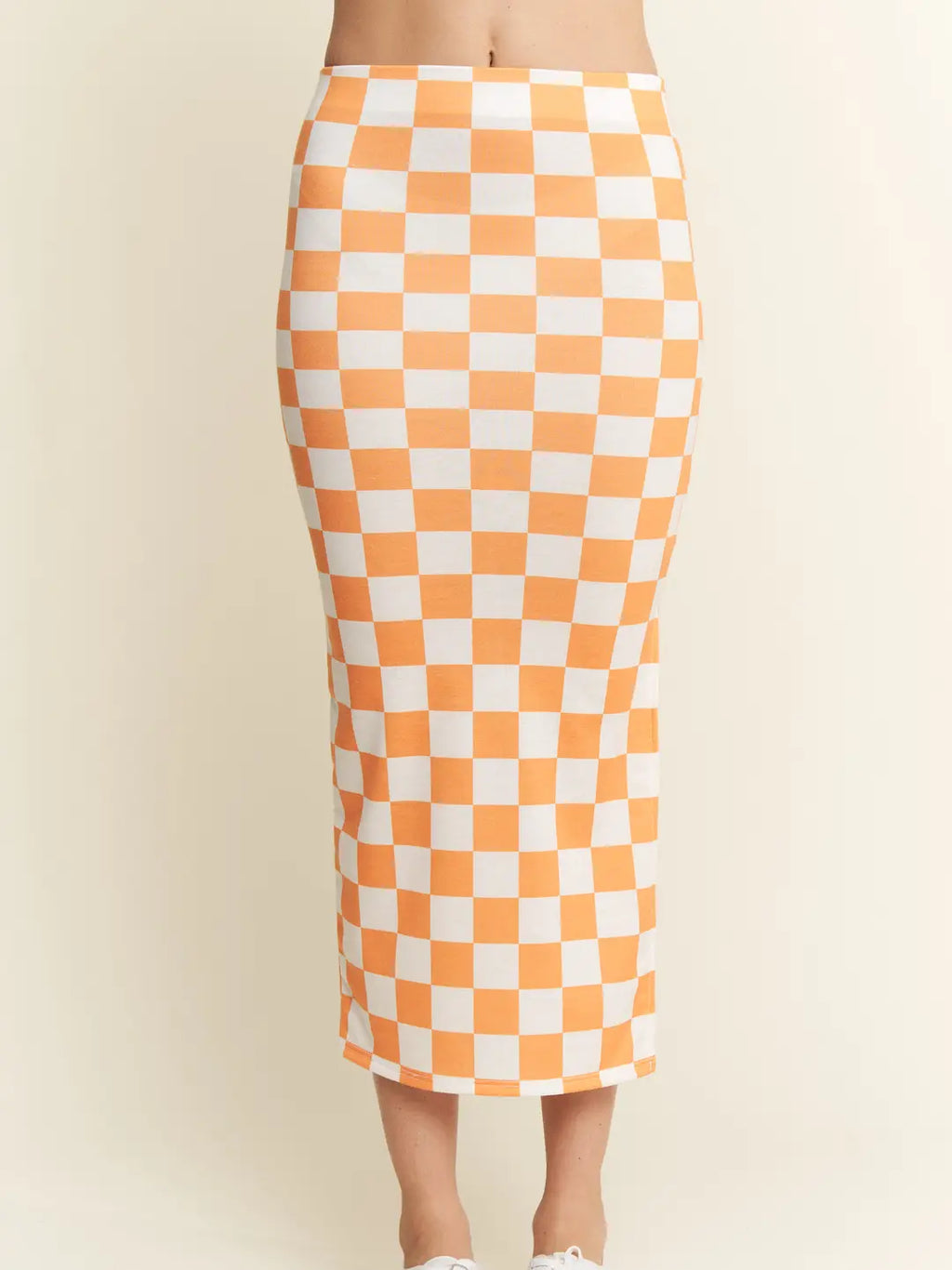 Hi-Waist Checkered Midi Pencil Skirt- Orange