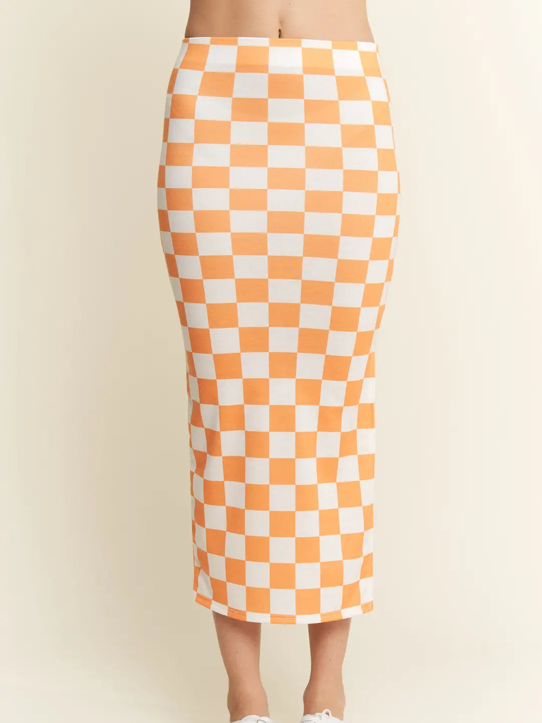 Hi-Waist Checkered Midi Pencil Skirt- Orange