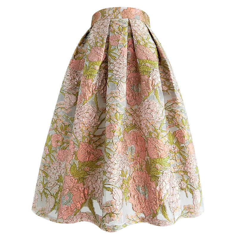 Floral Embroidered High Waist Organza Skirt- Pink