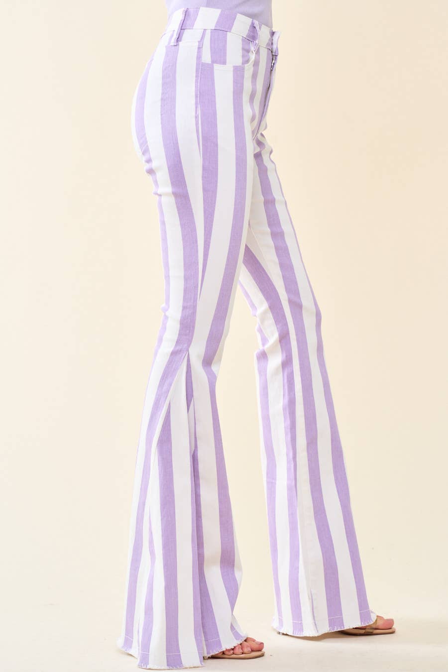 Striped Washed Denim Bell Bottoms- Purple/White