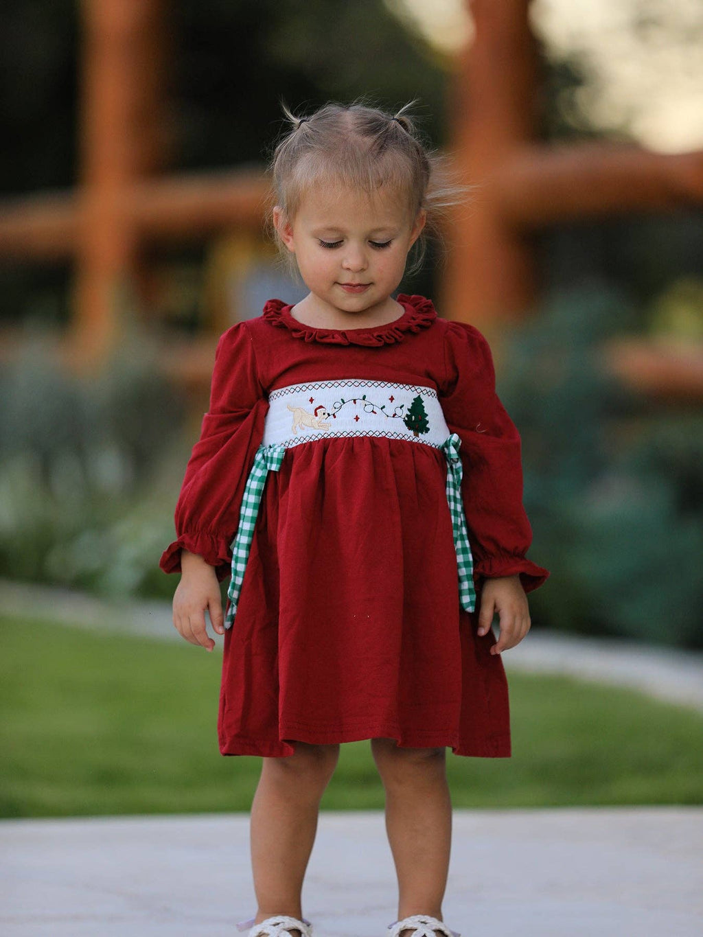 Christmas Embroidered Dress with Plaid Bow- Red