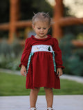 Christmas Embroidered Dress with Plaid Bow- Red