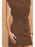 Ruched Faux Leather Mini Dress- Brown