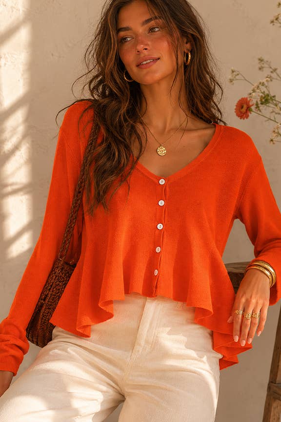 Flare Front Knit Cardigan- Orange
