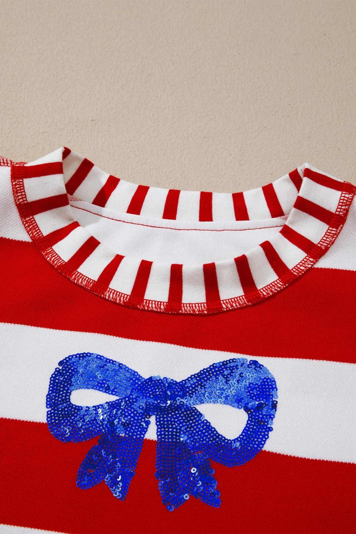 Stripe Sequin Bow Patriotic Half Sleeve Top- Red