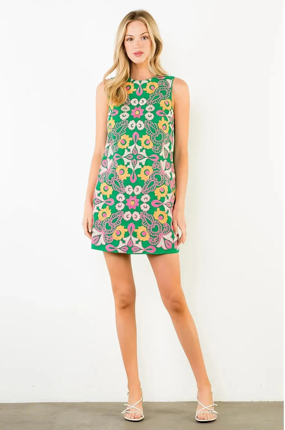 Sleeveless Floral Embroidery Dress- Green