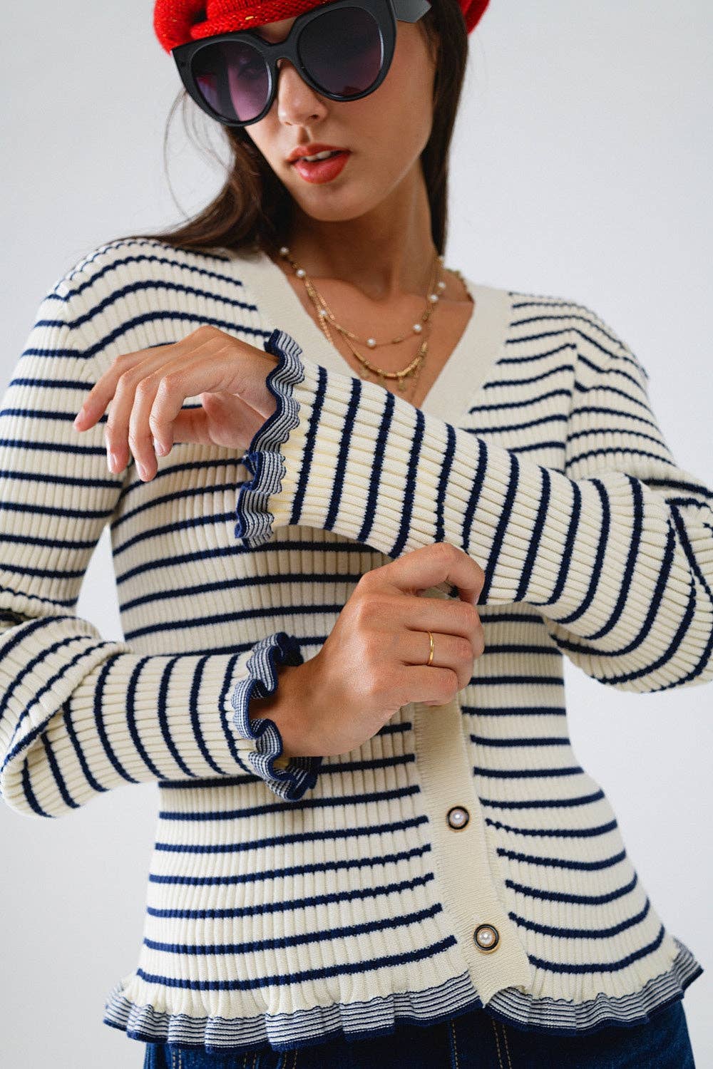 Striped Cardigan with Ruffle Trim- Cream/Blue