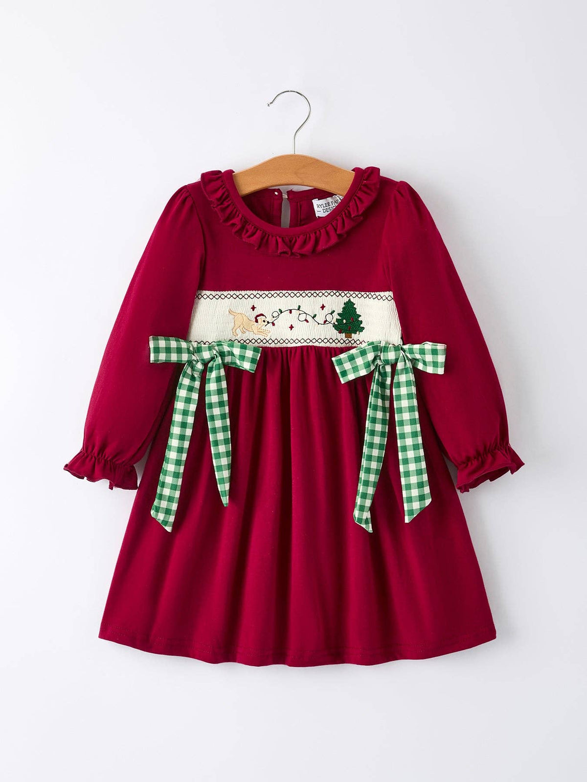 Christmas Embroidered Dress with Plaid Bow- Red
