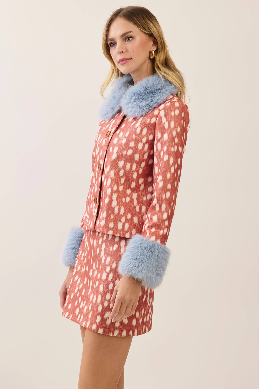Faux Fur Trim Animal Print Jacket- Orange