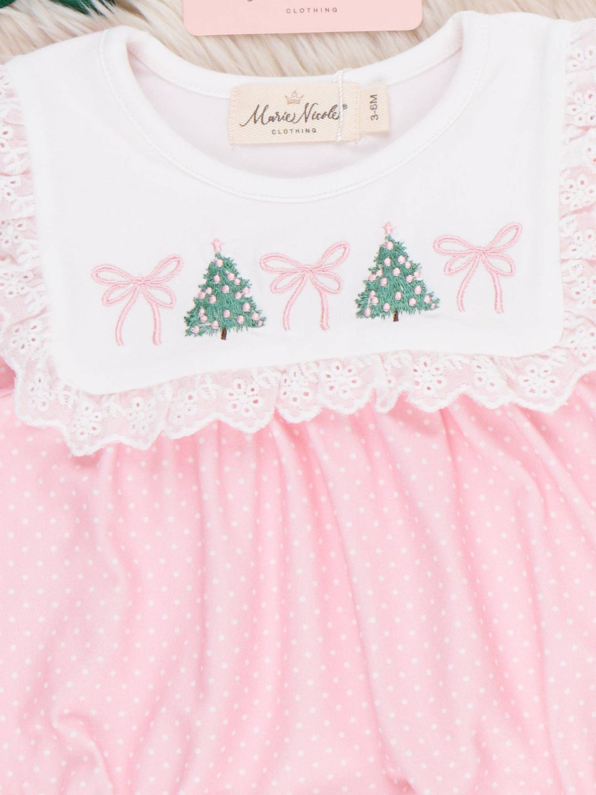 Christmas Tree Bow Embroidered Bubble Romper- Pink/White