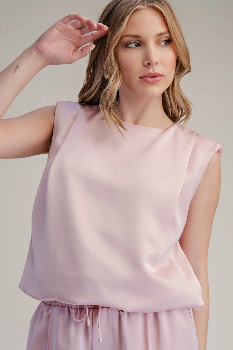 Round Neck Shoulder Padded Top- Pink