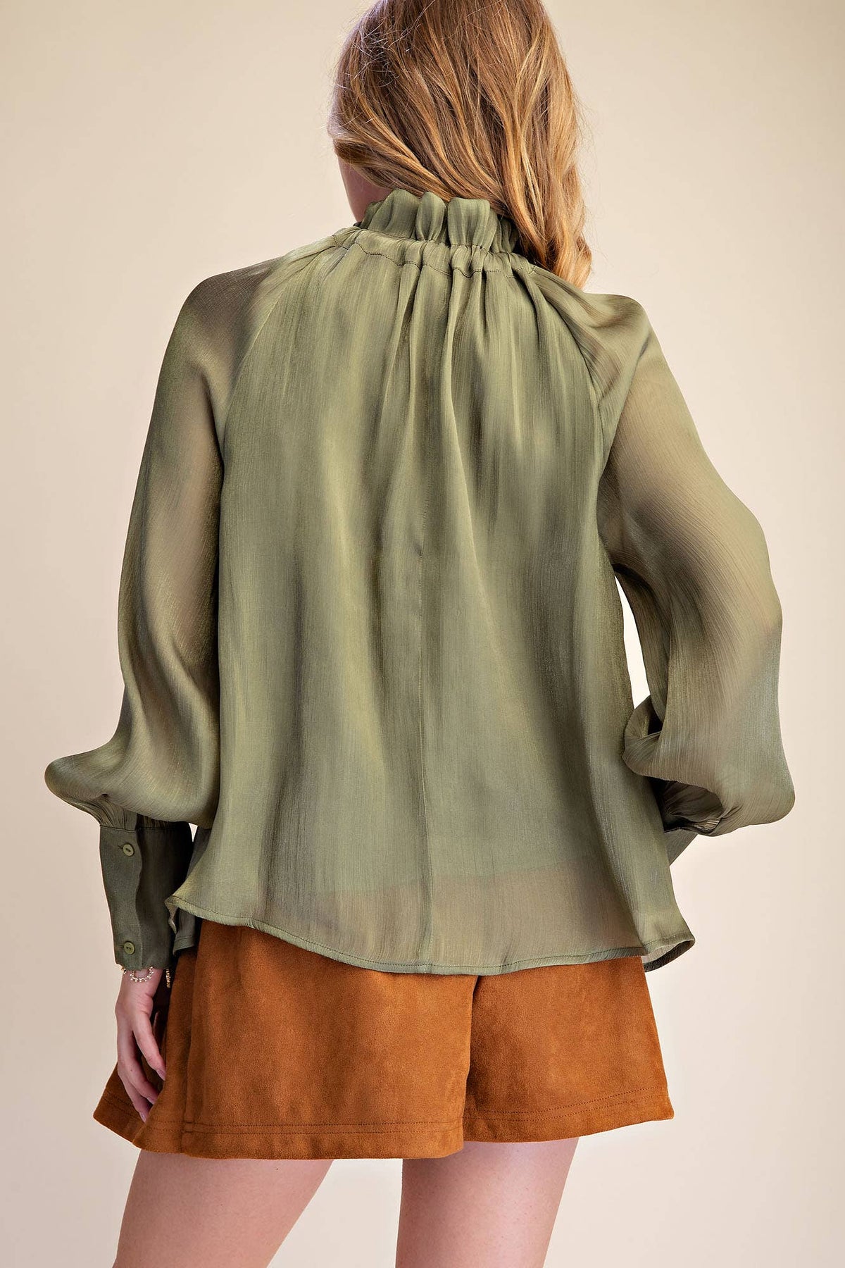 Ruffle Neck Long Sleeve Blouse- Olive