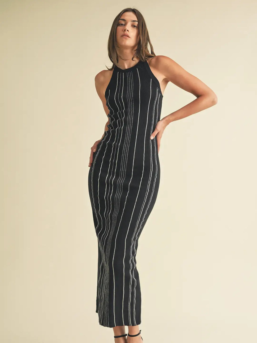 Sweater Stripe Knit Maxi Dress- Black/White