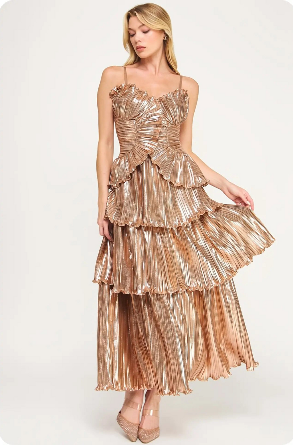 Pleated Layered Midi Dress- Gold