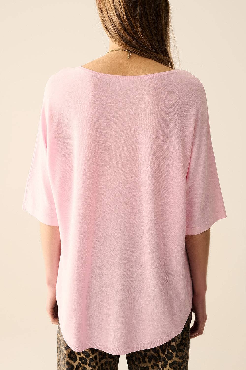 Oversized Sweater with Elbow-Length Sleeves- Pink