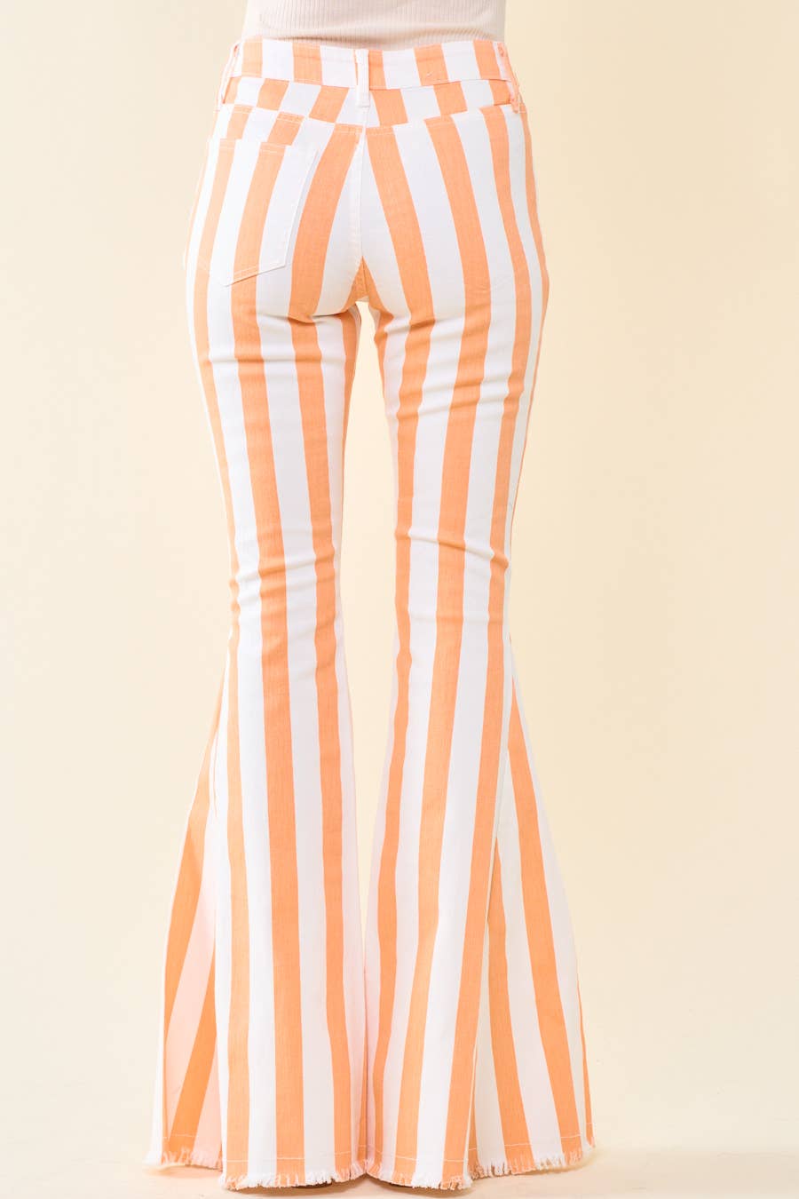 Striped Washed Denim Bell Bottoms- Orange/White