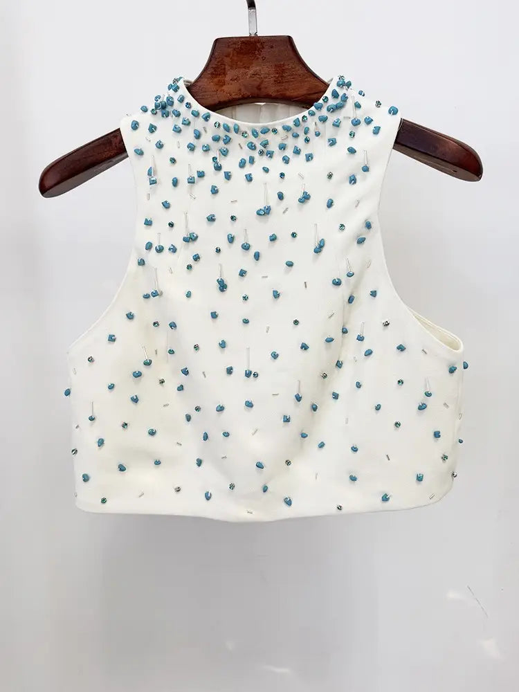 Handmade Beaded Two Piece Set- White/Blue