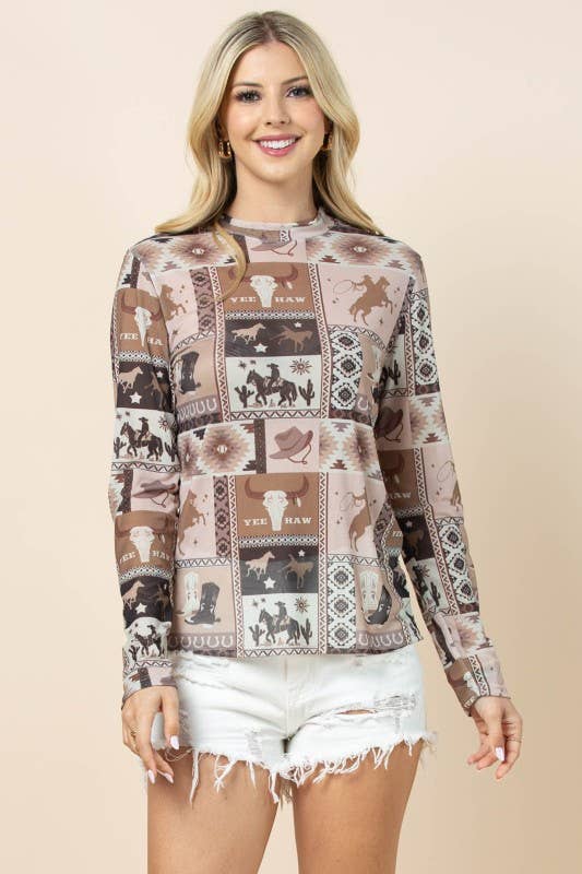 Western Semi Sheer Long Sleeve Mesh Top