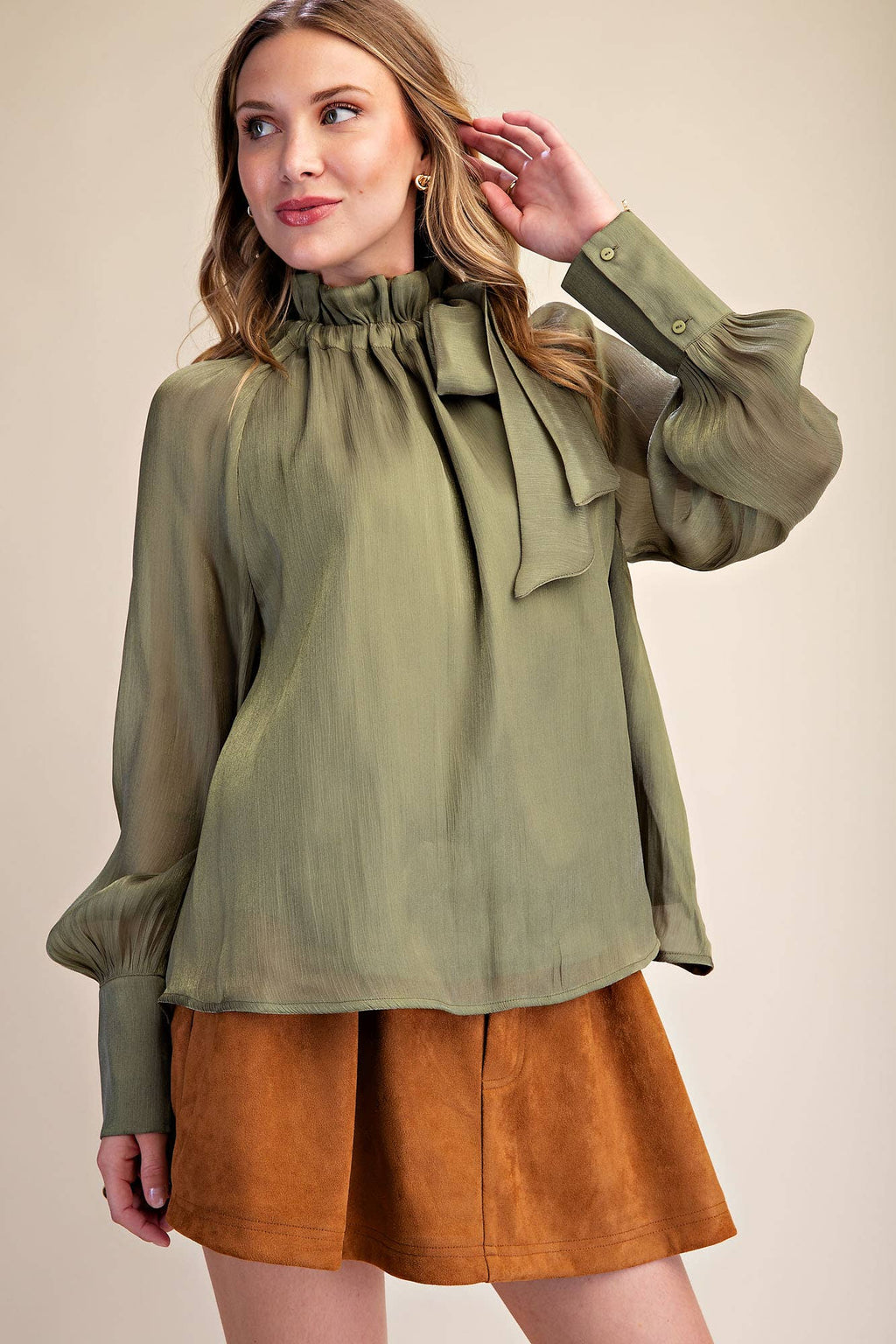 Ruffle Neck Long Sleeve Blouse- Olive