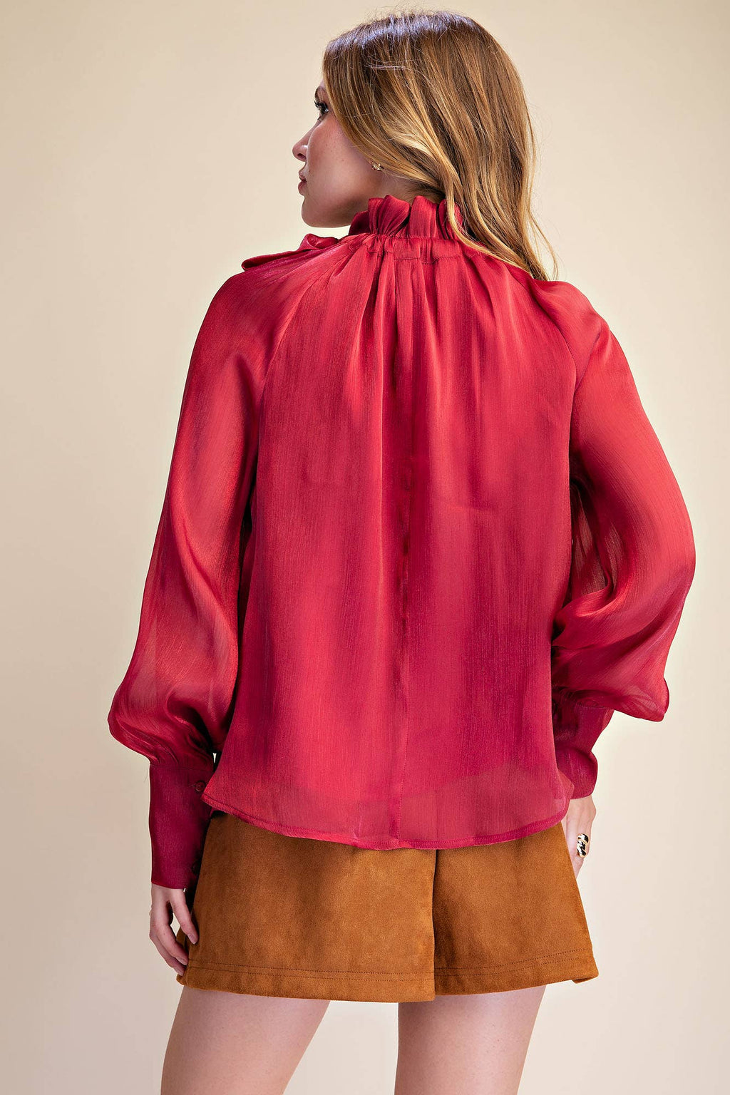 Ruffle Neck Adjustable Tie Long Sleeve Blouse- Burgundy