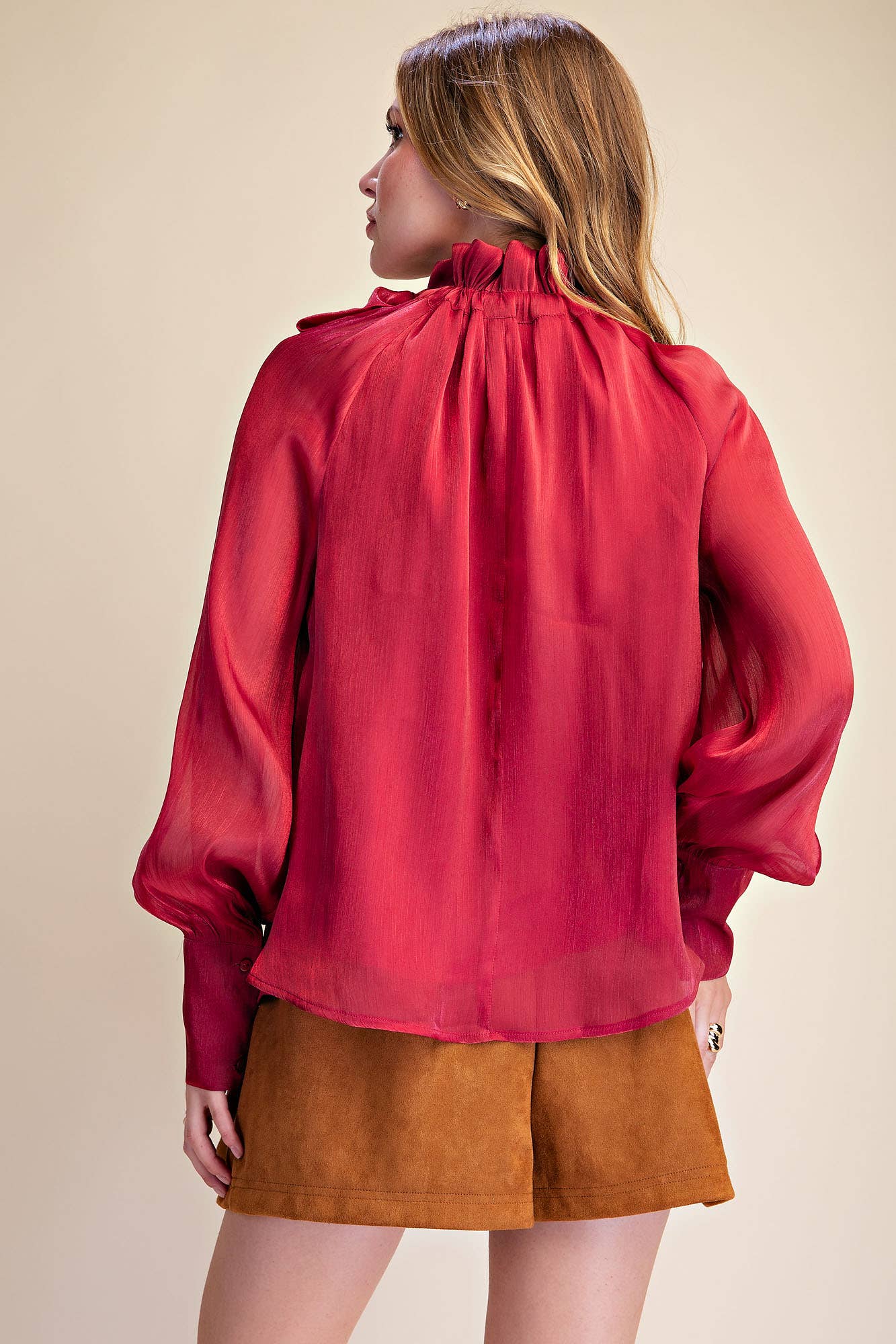 Ruffle Neck Adjustable Tie Long Sleeve Blouse- Burgundy