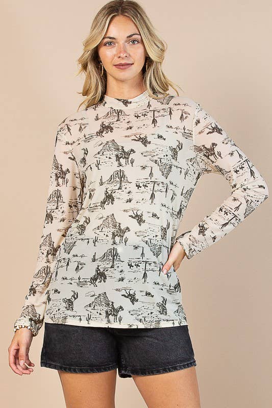 Wild West Print Semi Sheer Long Sleeve Mock Neck Mesh Top