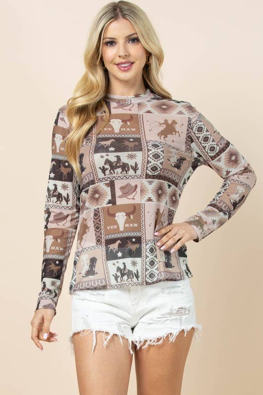 Western Semi Sheer Long Sleeve Mesh Top