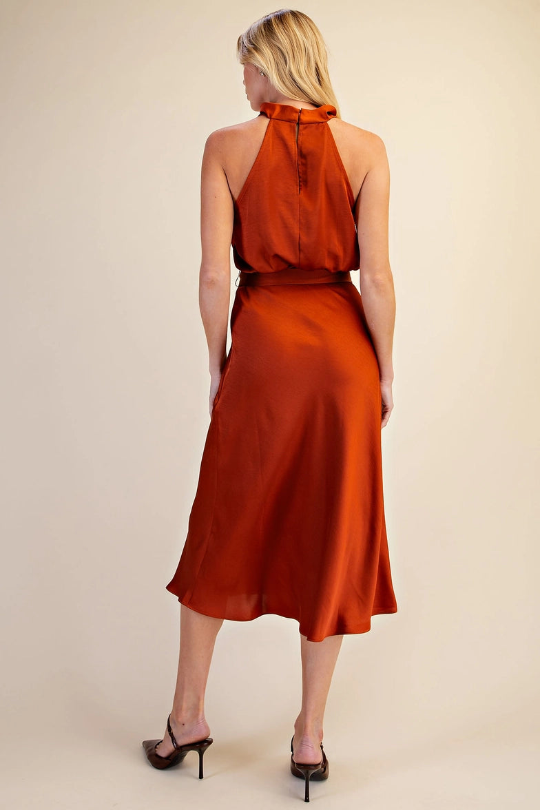 Cowl Neck Sleeveless Waist Tie Midi Dress