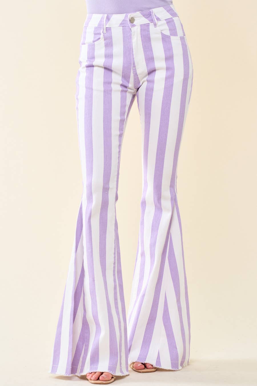 Striped Washed Denim Bell Bottoms- Purple/White