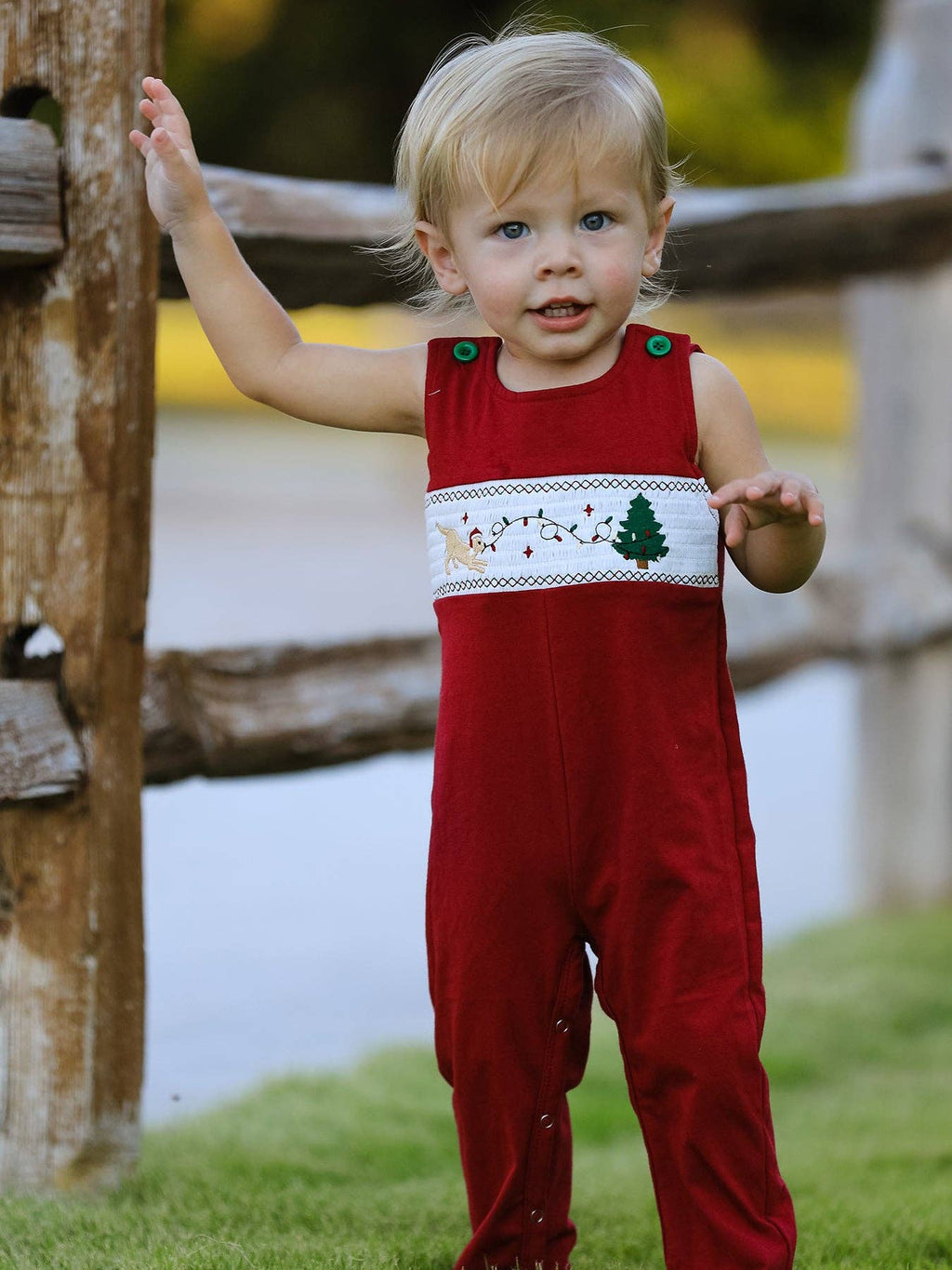 Christmas Tree Dog Embroidered Romper- Red
