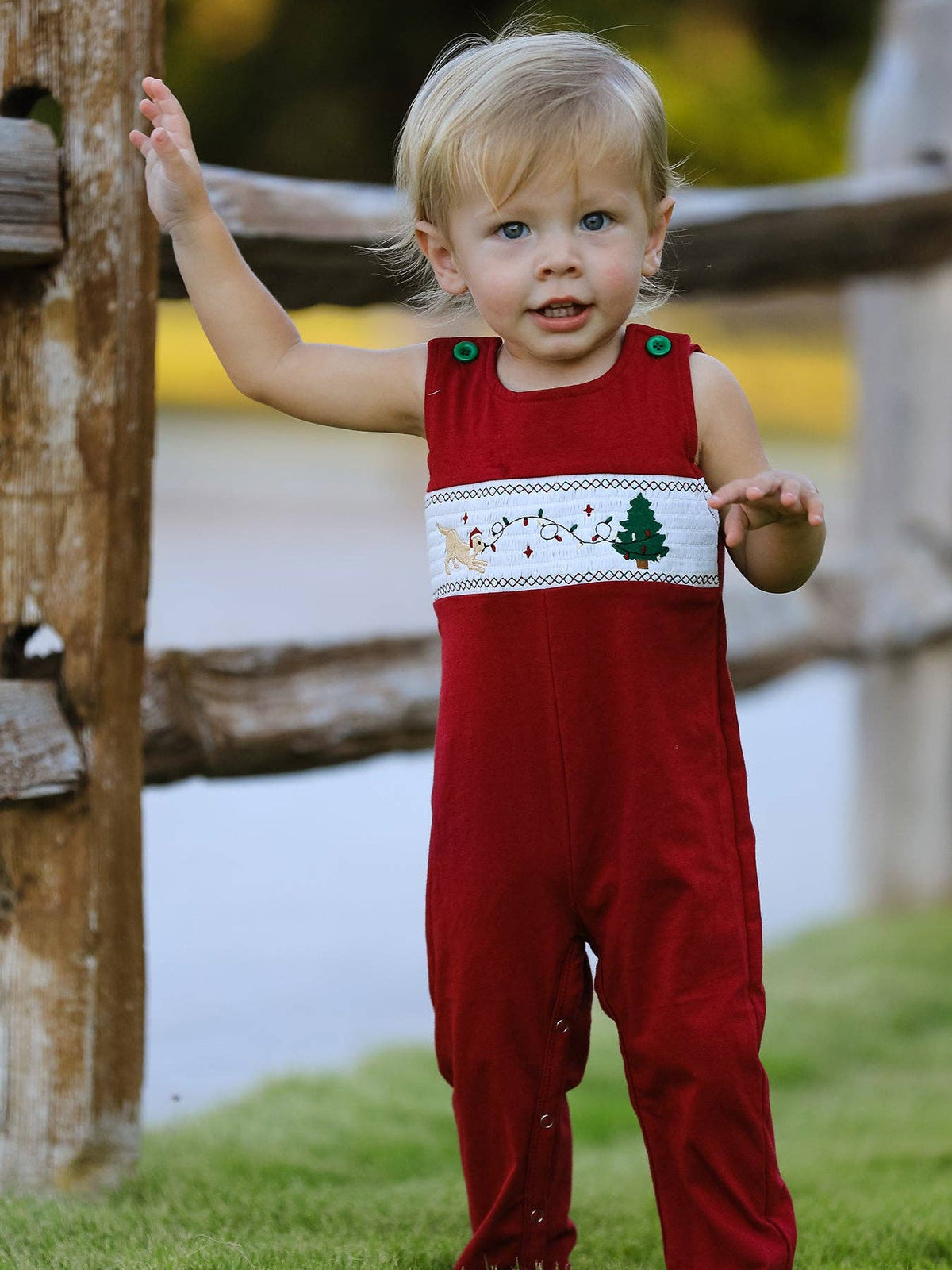 Christmas Tree Dog Embroidered Romper- Red