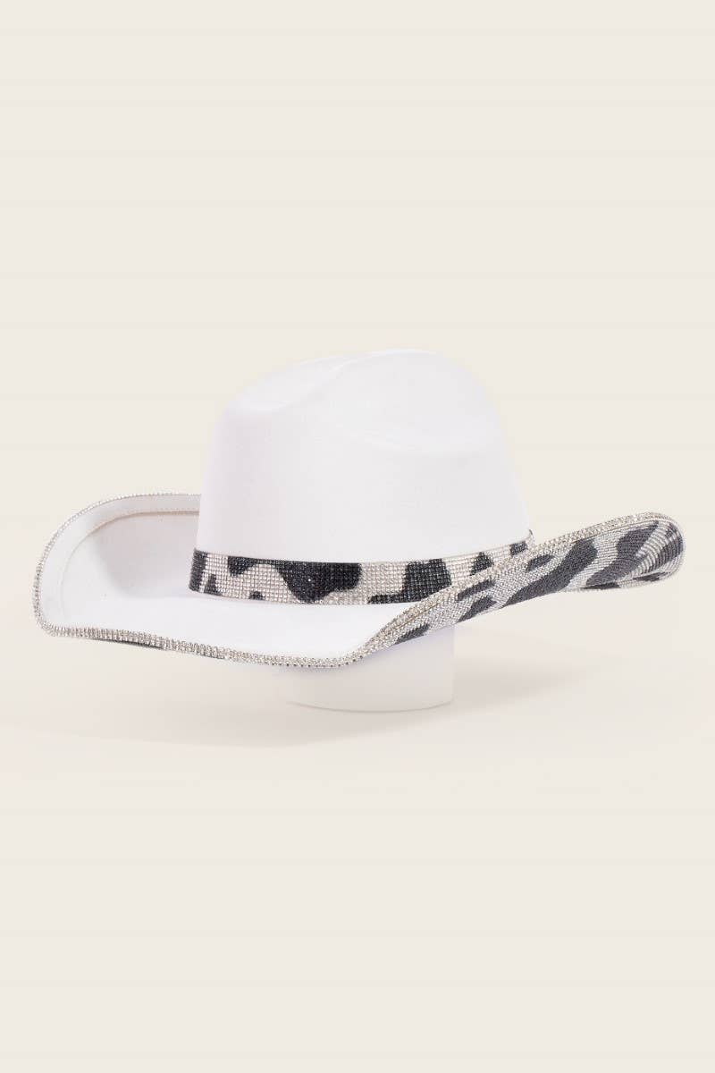Pave Rhinestone Studded Cow Pattern Cowboy Hat- Black