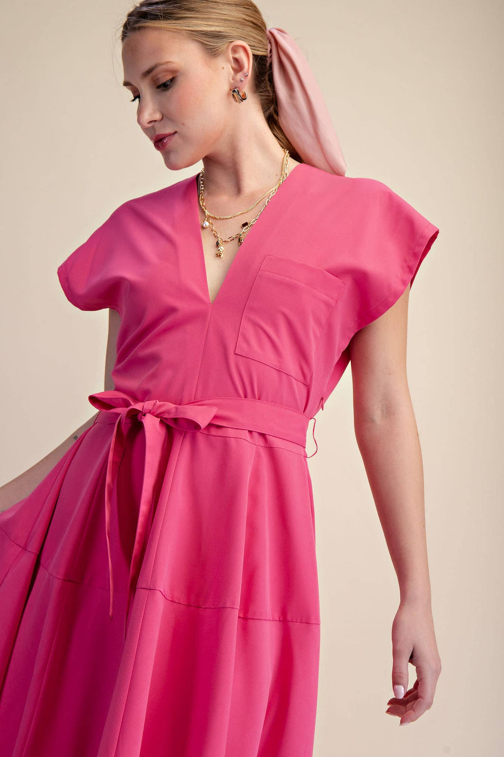 V-Neck Drop Shoulder Midi Dress- Pink