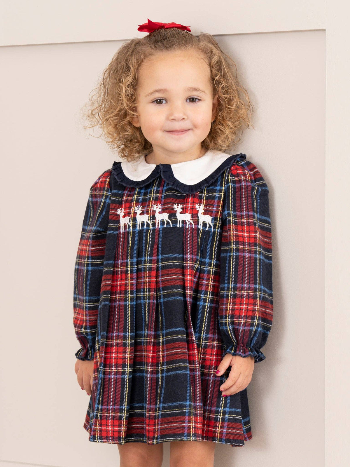 Christmas Reindeer Plaid Dress- Red/Blue