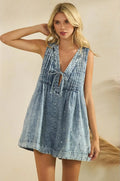 Pleated Rhinestone Denim Romper