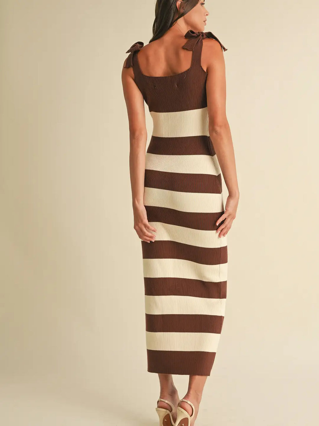 Shoulder Tie Stripe Sweater Knitted Midi Dress