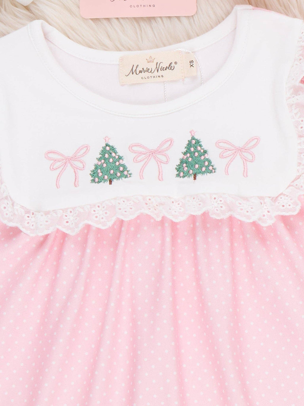 Christmas Tree Bow Embroidered Dress- Pink/White
