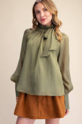 Ruffle Neck Long Sleeve Blouse- Olive