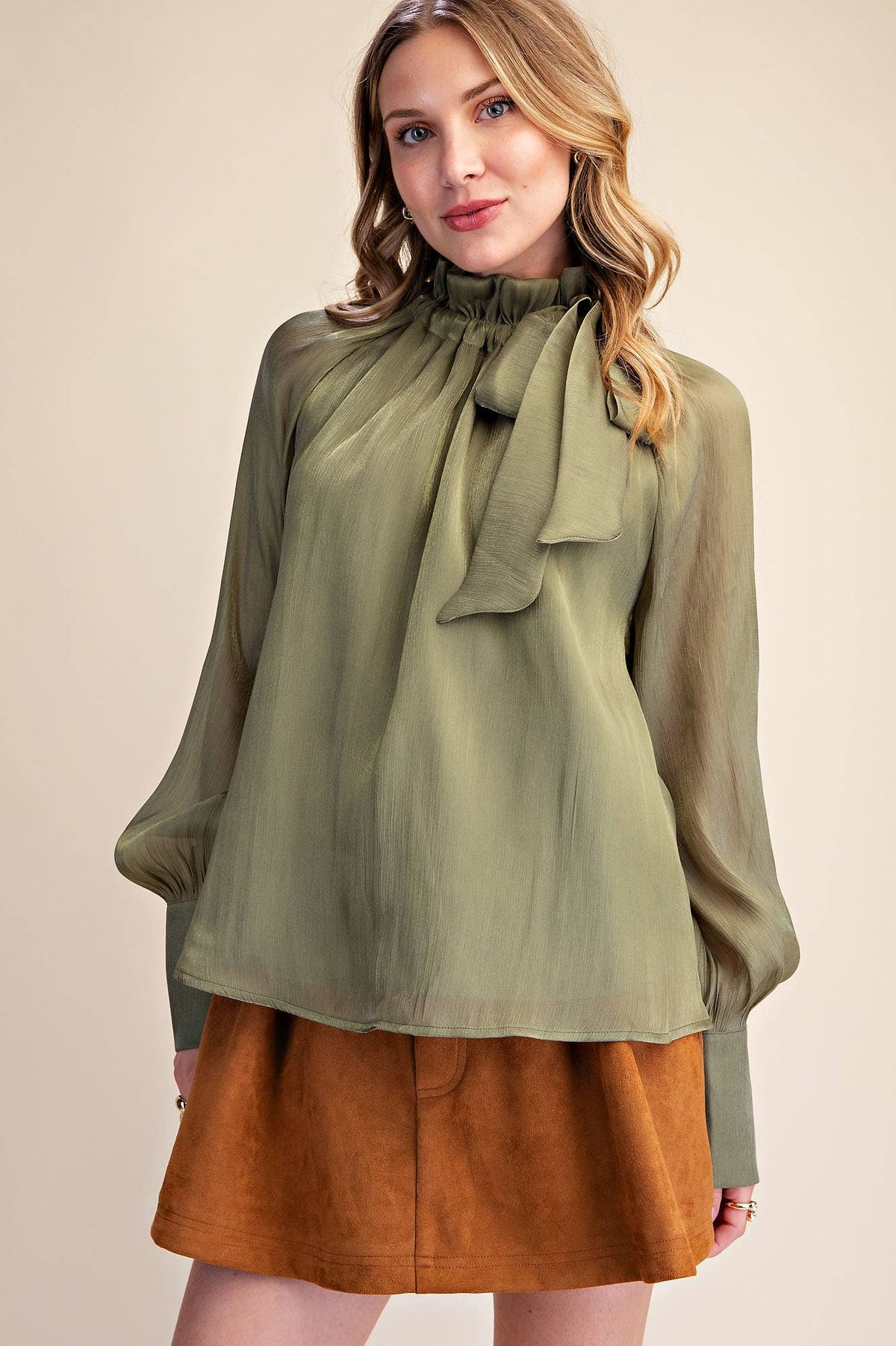 Ruffle Neck Long Sleeve Blouse- Olive